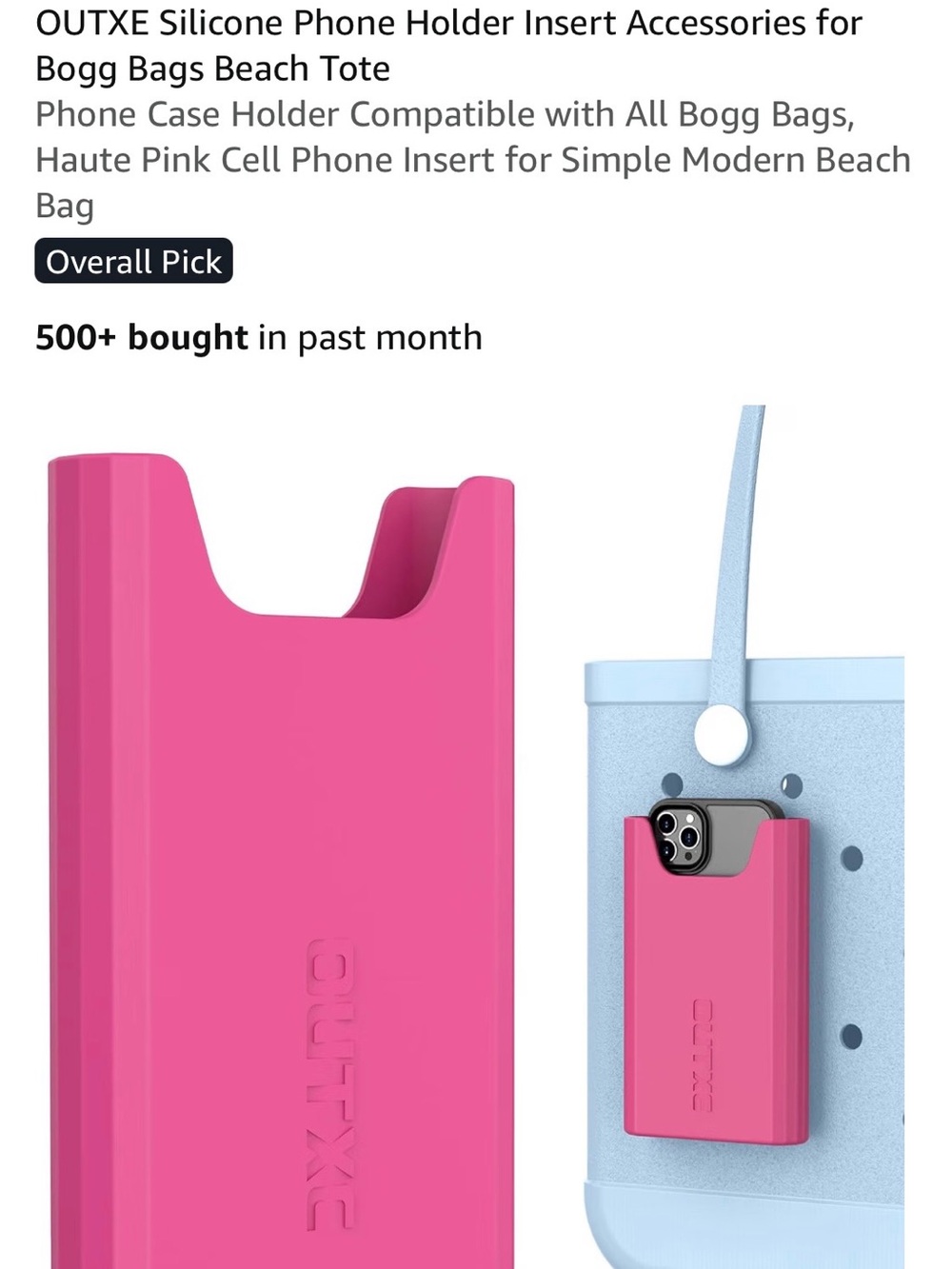 Silicone Phone Holder Insert in Pink for Tote & Beach Bags